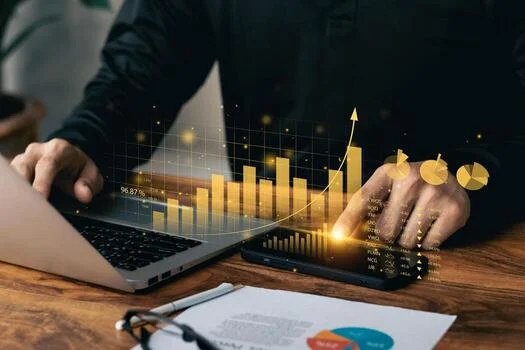 New Office IT Setup 13 businessman working with laptop and smartphone virtual dashboard analyzing finance sales data and economic growth graph chart photo